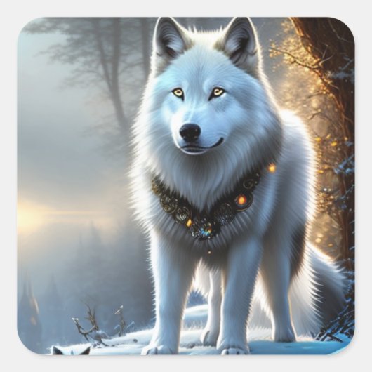 Majestic White Arctic Wolf Art Vierkante Sticker (Voorkant)