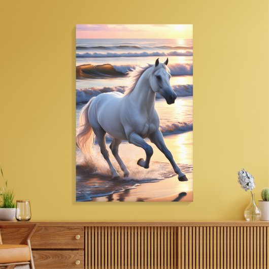 Majestic White Horse Galloping by the Ocean Waves  Canvas Afdruk (Insitu (Woonkamer))