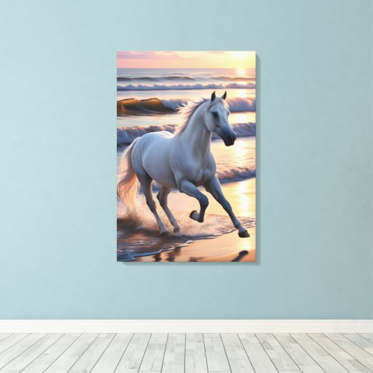 Majestic White Horse Galloping by the Ocean Waves  Canvas Afdruk (Insitu (Houten vloer))