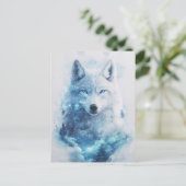 Majestic White Wolf in Icy Blue Nebula Briefkaart (Staand voorkant)