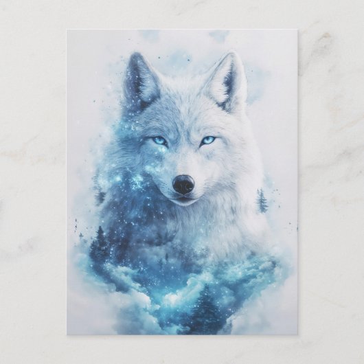 Majestic White Wolf in Icy Blue Nebula Briefkaart (Voorkant)
