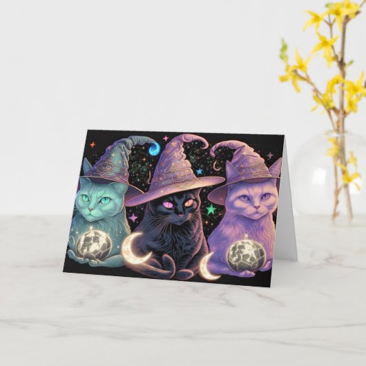 Majestic Witchy Cats Illustratie Kaart (Gele Bloem)