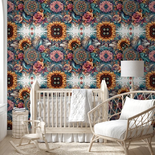 Majestic Wolf & Boho Zonnebloemen Behang (Kinderen)