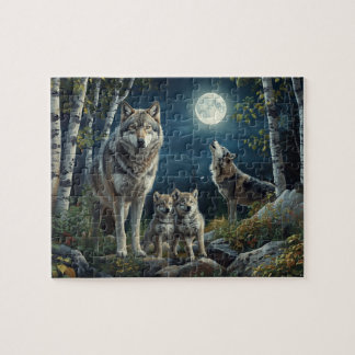 Majestic Wolf Family Full Moon Birch Forest Legpuzzel