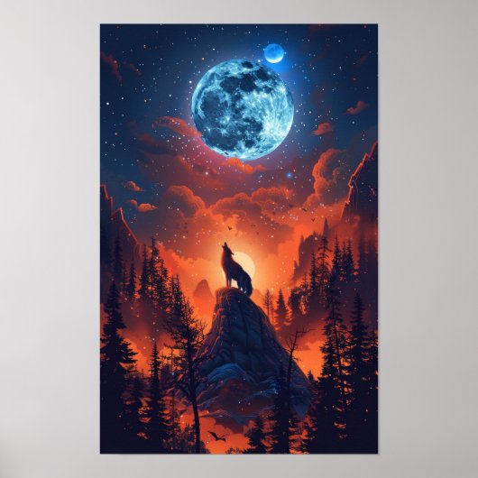 Majestic Wolf Howling bij het Moon Poster (Voorkant)