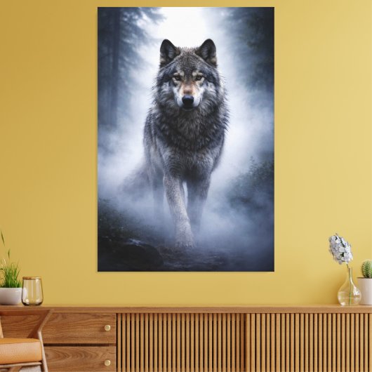 Majestic Wolf – Silent Presence in the Fog Canvas Afdruk (Insitu (Woonkamer))