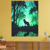 Majestic Wolf Silhouette in Mystical Green Forest Canvas Afdruk (Insitu (Woonkamer))