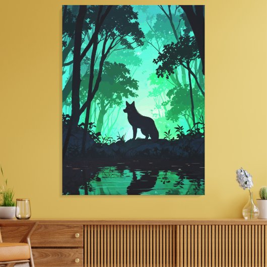 Majestic Wolf Silhouette in Mystical Green Forest Canvas Afdruk (Insitu (Woonkamer))