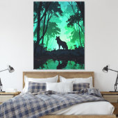 Majestic Wolf Silhouette in Mystical Green Forest Canvas Afdruk (Insitu (Slaapkamer))