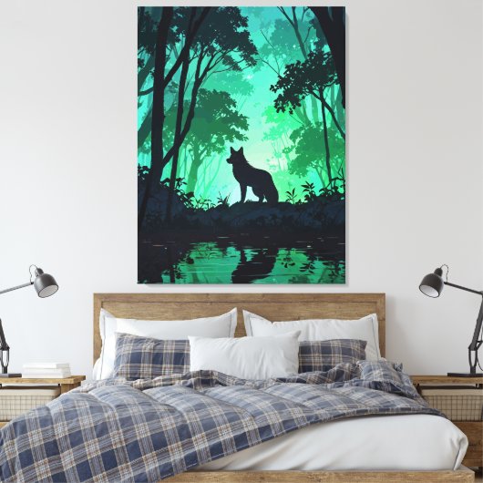 Majestic Wolf Silhouette in Mystical Green Forest Canvas Afdruk (Insitu (Slaapkamer))