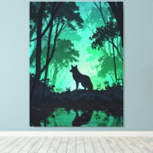 Majestic Wolf Silhouette in Mystical Green Forest Canvas Afdruk (Insitu (Houten vloer))