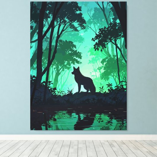 Majestic Wolf Silhouette in Mystical Green Forest Canvas Afdruk (Insitu (Houten vloer))