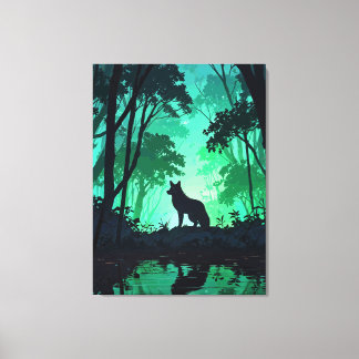 Majestic Wolf Silhouette in Mystical Green Forest Canvas Afdruk