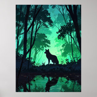 Majestic Wolf Silhouette in Mystical Green Forest Poster