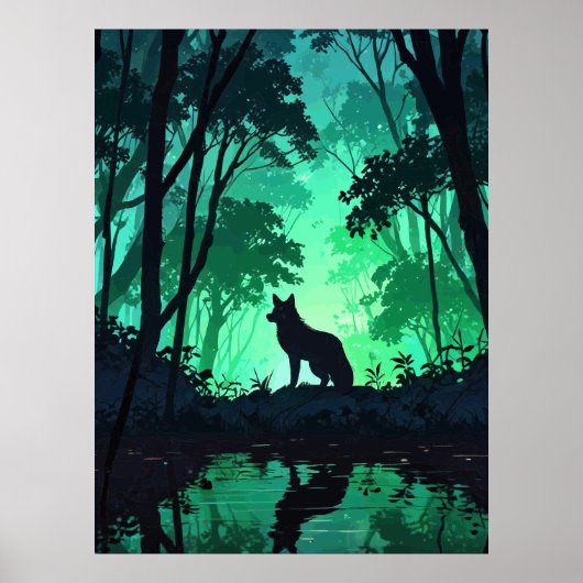 Majestic Wolf Silhouette in Mystical Green Forest Poster (Voorkant)