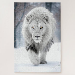 Majestieke Witte Leeuw in Winter Wonderland Ontwer Legpuzzel