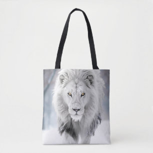 Majestieke Witte Leeuw in Winter Wonderland Ontwer Tote Bag