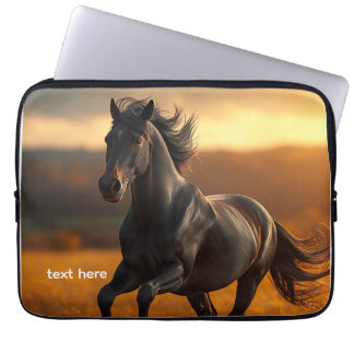 Majestieke Zwarte Hengst Paard Herfst Zonsondergan Laptop Sleeve