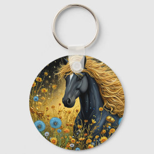 Majestieke zwarte hengst te midden van levendige w sleutelhanger