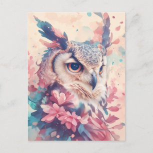 Majestieuze gehoornde uil in roze bloementuin briefkaart