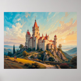 Majestueus bergkasteel bij zonsondergang in het pi poster