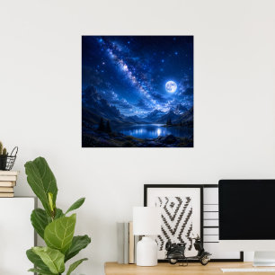 Majestueus bergmeer onder een sterrenhemel poster