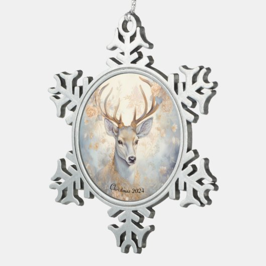 Majestueus blauw en goud kerstrendier tin sneeuwvlok ornament (Rechts)