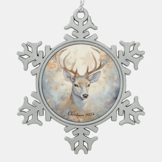 Majestueus blauw en goud kerstrendier tin sneeuwvlok ornament (Voorkant)