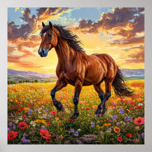 Majestueus bruin paard in galop poster