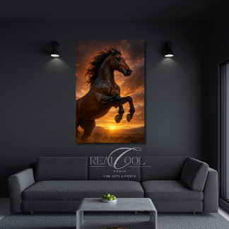 Majestueus donkerbruin paard opfokend in karmozijn canvas afdruk