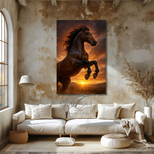 Majestueus donkerbruin paard opfokend in karmozijn poster