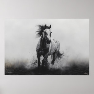 Majestueus galopperend paard in zwart en wit poster