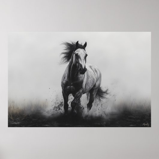 Majestueus galopperend paard in zwart en wit poster (Voorkant)