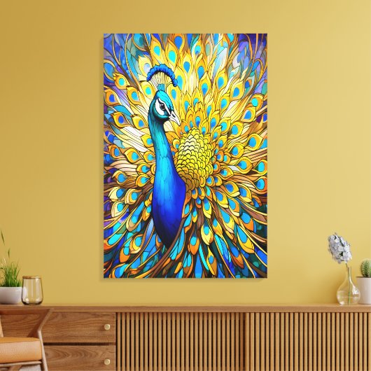 Majestueus Glas in lood Peacock Art Nouveau stijl Canvas Afdruk (Insitu (Woonkamer))