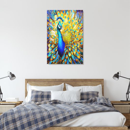 Majestueus Glas in lood Peacock Art Nouveau stijl Canvas Afdruk (Insitu (Slaapkamer))