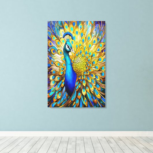 Majestueus Glas in lood Peacock Art Nouveau stijl Canvas Afdruk (Insitu (Houten vloer))