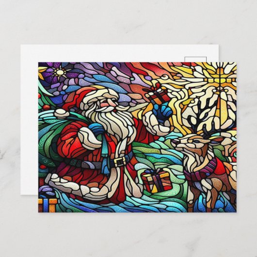 Majestueus Glas in lood Santa en Reindeerts Briefkaart (Voorkant / Achterkant)