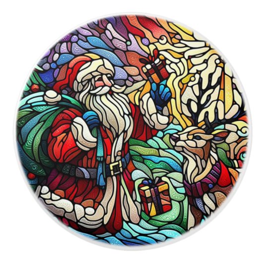 Majestueus Glas in lood Santa en Reindeerts Keramische Knop (Voorkant)