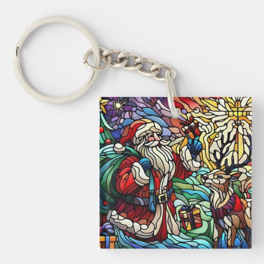 Majestueus Glas in lood Santa en Reindeerts Sleutelhanger (voorkant)