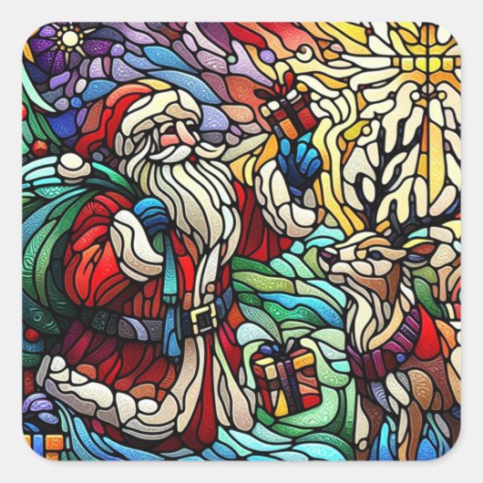 Majestueus Glas in lood Santa en Reindeerts Vierkante Sticker (Voorkant)
