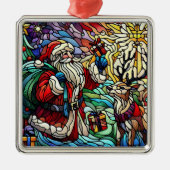 Majestueus Glas in lood Santa en rendieren Metalen Ornament (Voorkant)