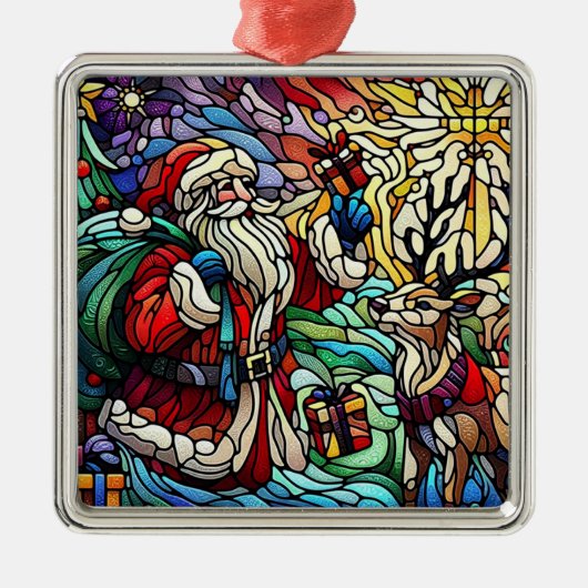 Majestueus Glas in lood Santa en rendieren Metalen Ornament (Voorkant)