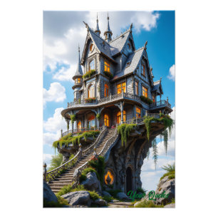 Majestueus gotisch landhuis op klifrand foto afdruk