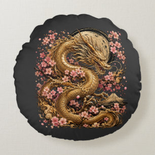 Majestueus gouden draak ronde kussen met Sakura Bl