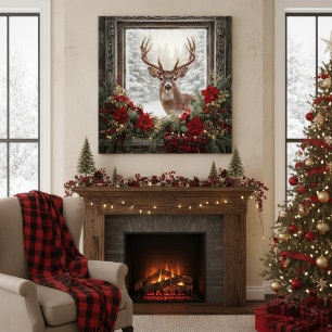 Majestueus hert antiek kerst raam canvas afdruk