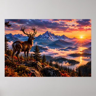 Majestueus hert dat op een berg staat bij zonsonde poster