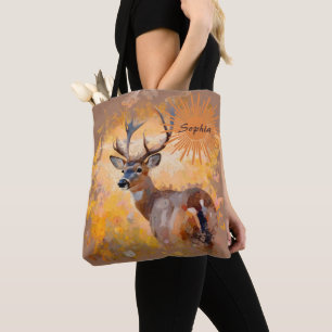 Majestueus hert in een veld met wilde bloemen tote bag