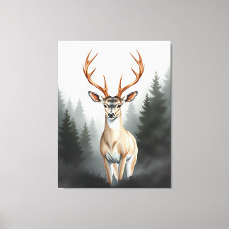 Majestueus hert in nevelig bos – rustige natuur canvas afdruk