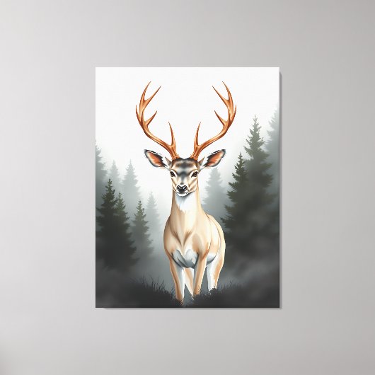 Majestueus hert in nevelig bos – rustige natuur canvas afdruk (Voorkant)