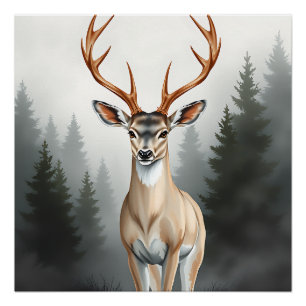 Majestueus hert in nevelig bos – rustige natuur perfect poster